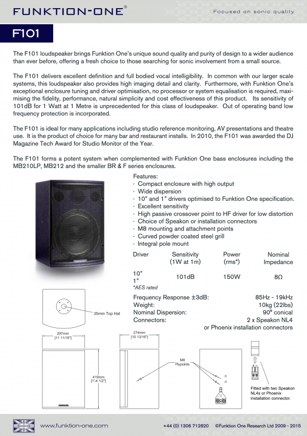 Funktion-One F101 loudspeaker hire sizes and details